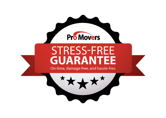 Pro Movers stress-free guarantee badge with text on-time, damage-free, and hassle-free and five stars below.